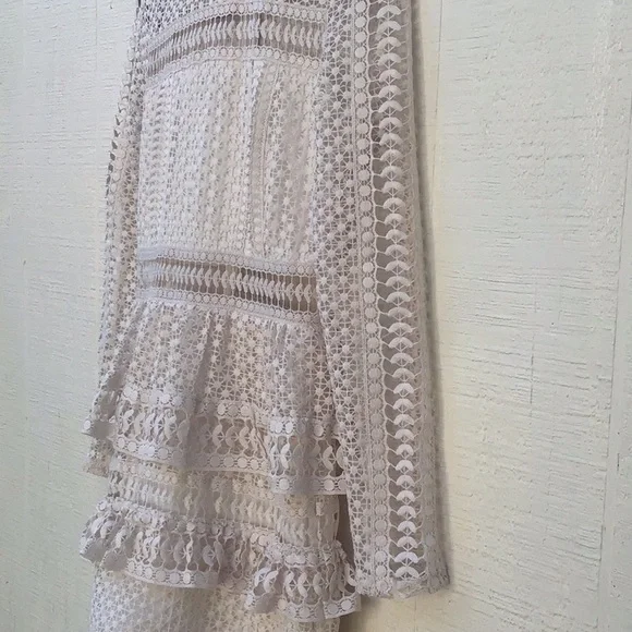 AQUA ivory crochet knit lace sheer long sleeve ruffle tier layered dress - Picture 12 of 16